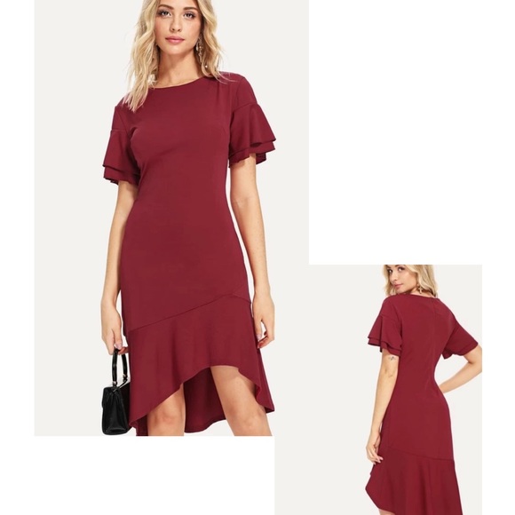 SHEIN Dresses Red Ruffle Sleeve Dip Hem Dress Poshmark